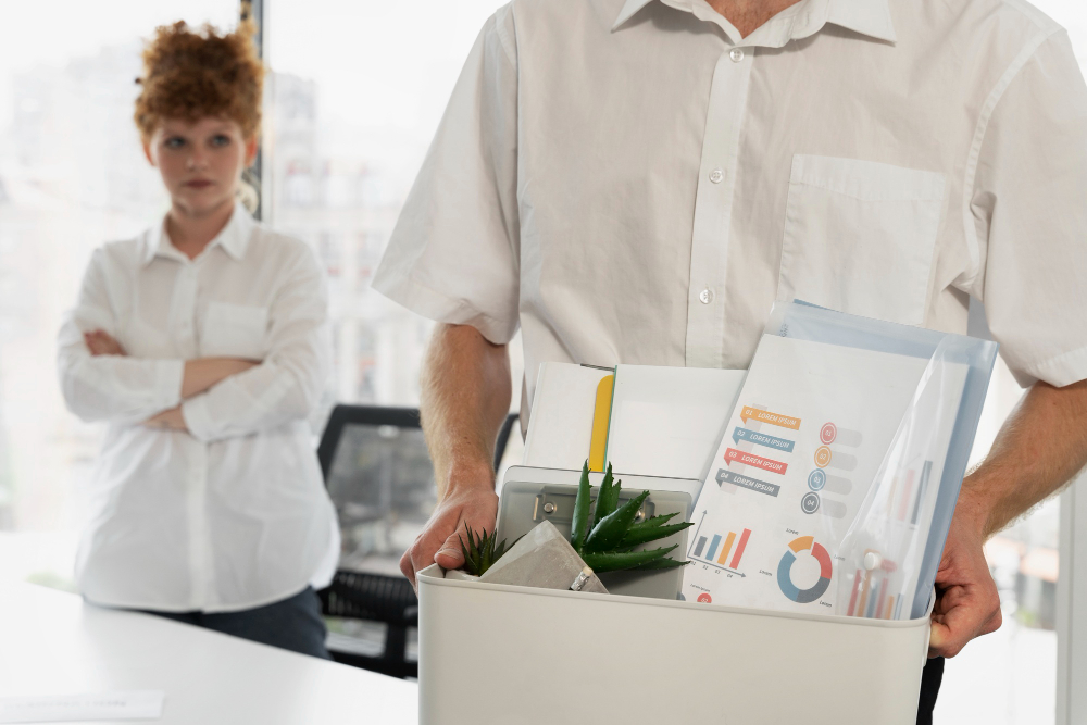 un homme portant son carton de déménagement de son bureau