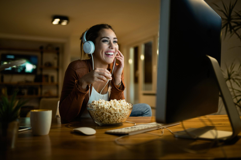 Femme regarde un film sur son ordinateur